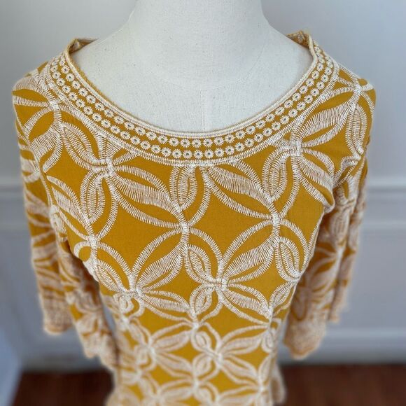 Solitaire Mustard Yellow Embroidered Tunic Southwestern Prairie Top S M - Picture 5 of 8